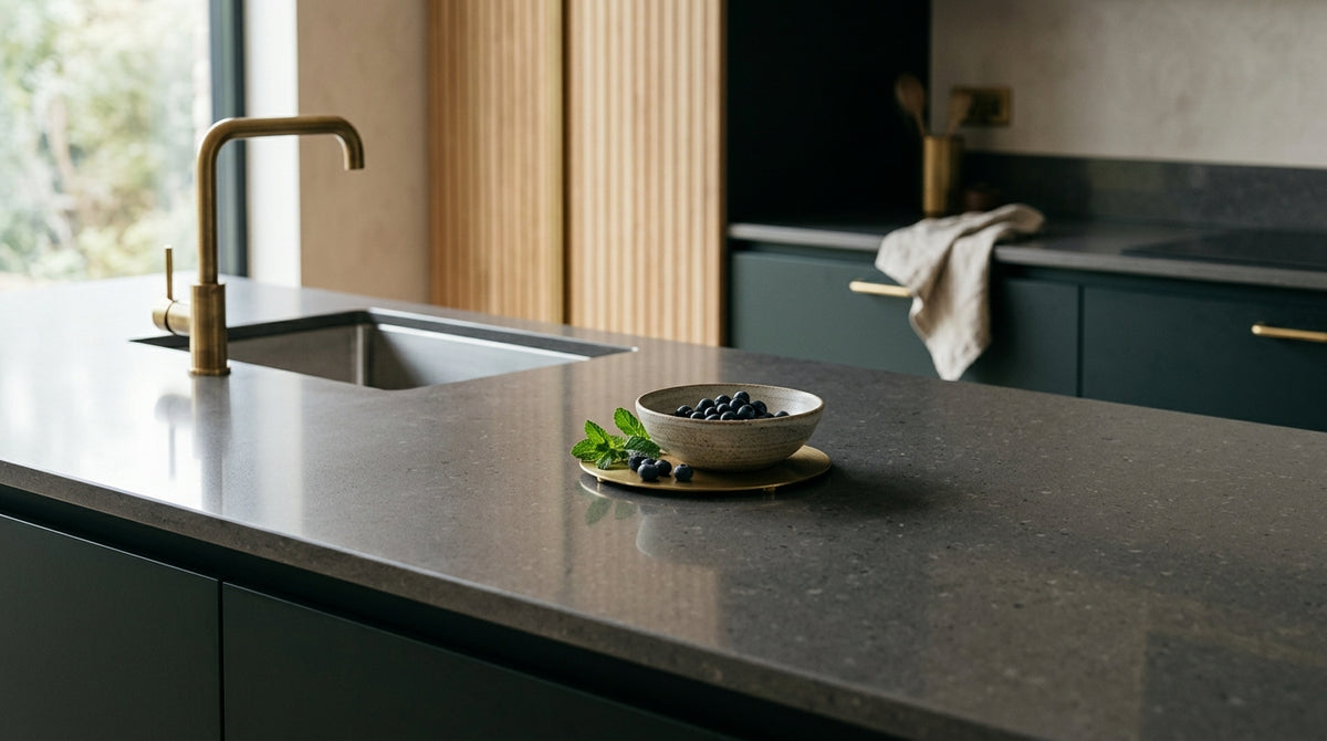 Hands buffing an engineered quartz countertop with a microfiber cloth after cleaning off residue