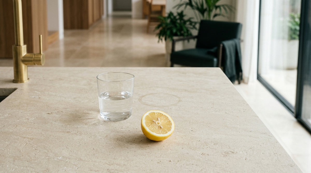Close-up of a limestone hotel lobby floor with a worn traffic lane beside a bottle of stone color enhancer sealer