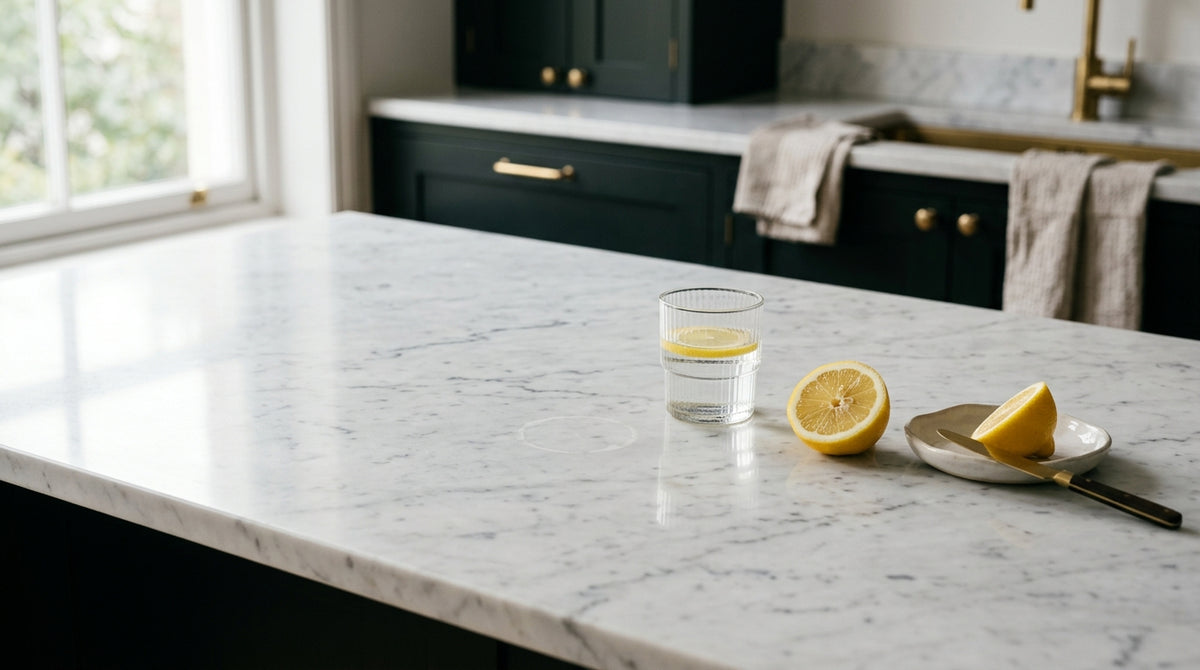 Close-up of a polished Carrara marble kitchen island with a dull etch ring visible near the edge