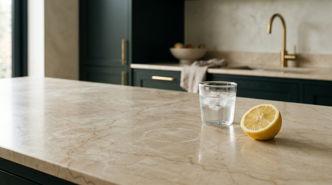 Close-up of a polished Crema Marfil marble countertop with a dull etch ring from a citrus spill