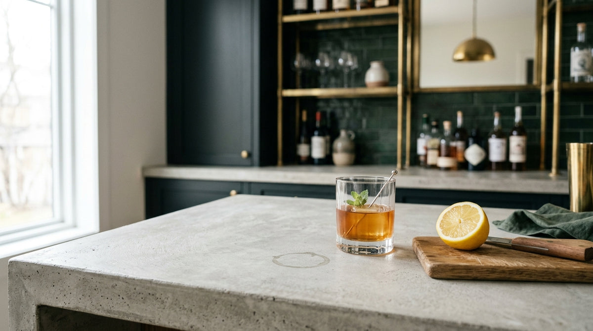 Bottle of MORE® Stone Sealer next to a poured concrete countertop at a home wet bar
