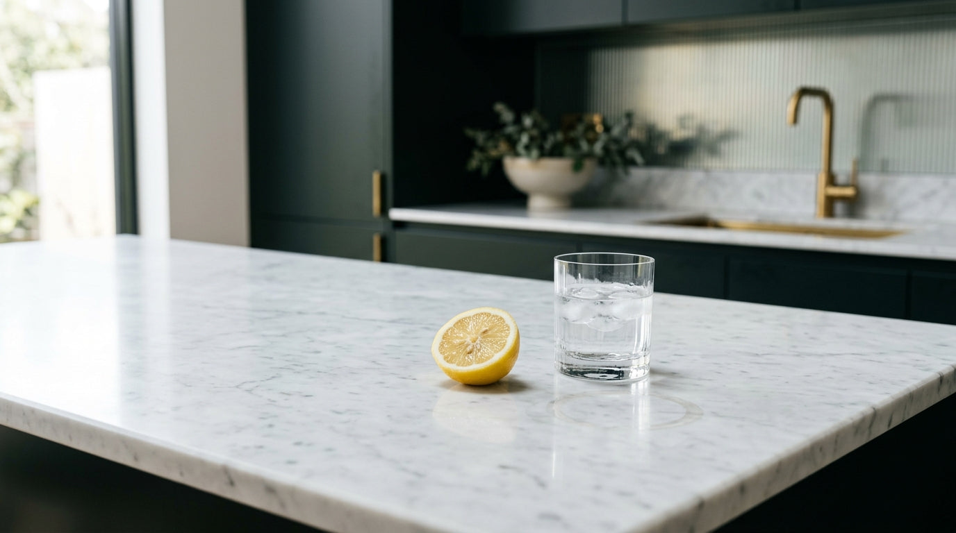 Dull etch ring left by lemon juice on a polished Carrara marble kitchen island