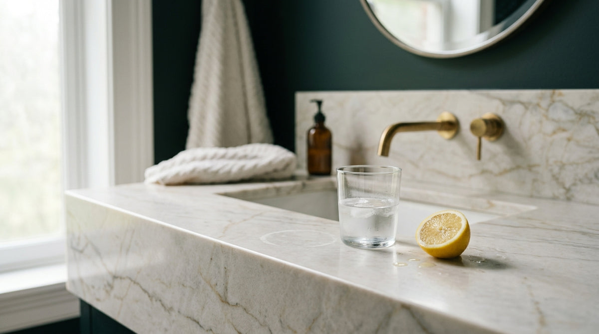 Spray bottle of MORE®(R) Stone and Quartz Cleaner with Antimicrobial Protection next to a microfiber cloth on a honed quartzite shower ledge