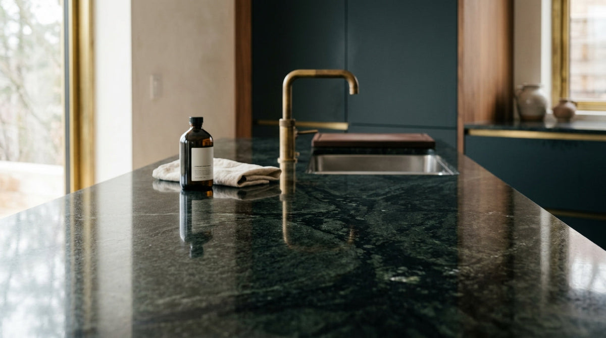 MORE® Countertop Cleaning Kit spray bottle and folded microfiber cloth beside a polished granite countertop