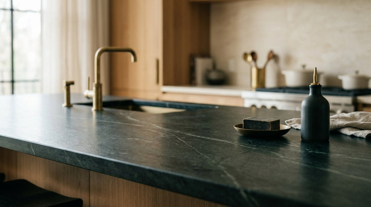 Dark oil stains on a soapstone kitchen countertop near the stove