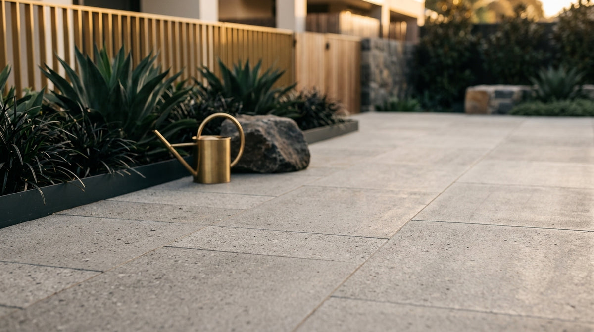 Gloved hand using an applicator pad to spread penetrating sealer across a concrete paver driveway