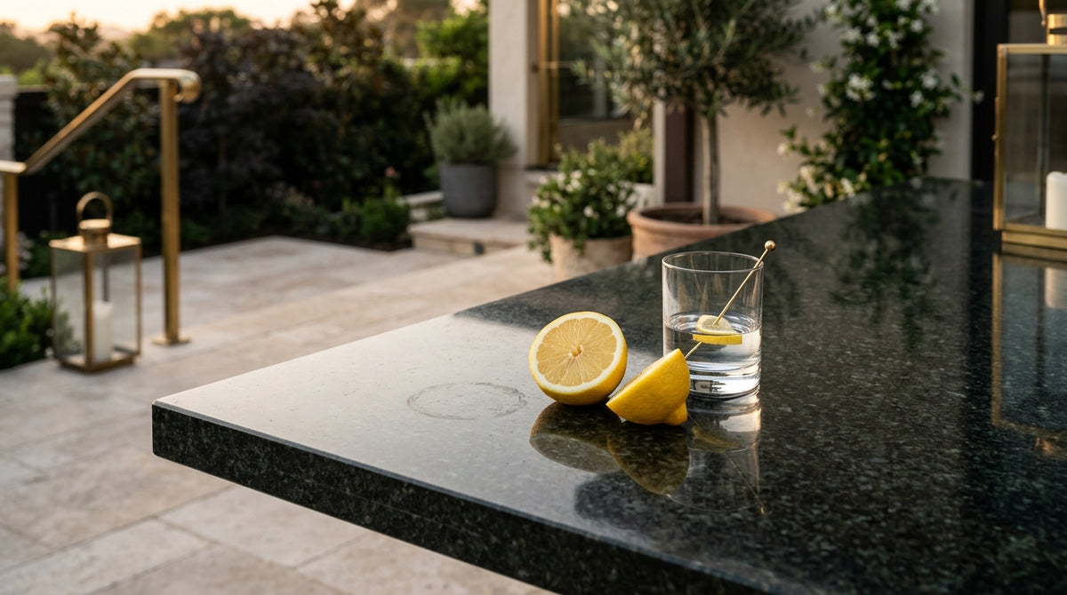 Close-up of a polished granite outdoor kitchen counter with hazy white mineral scale near a sprinkler zone