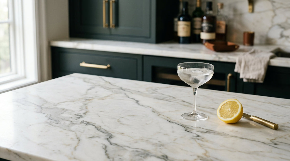 Technician applying a protective coating to a newly installed Calacatta marble countertop before first use
