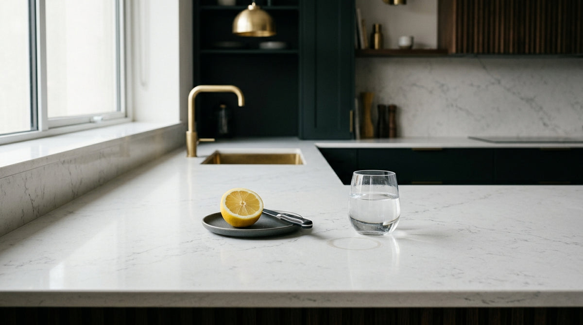 Bottle of MORE® Premium Quartz Sealer beside a microfiber cloth on a polished quartz countertop