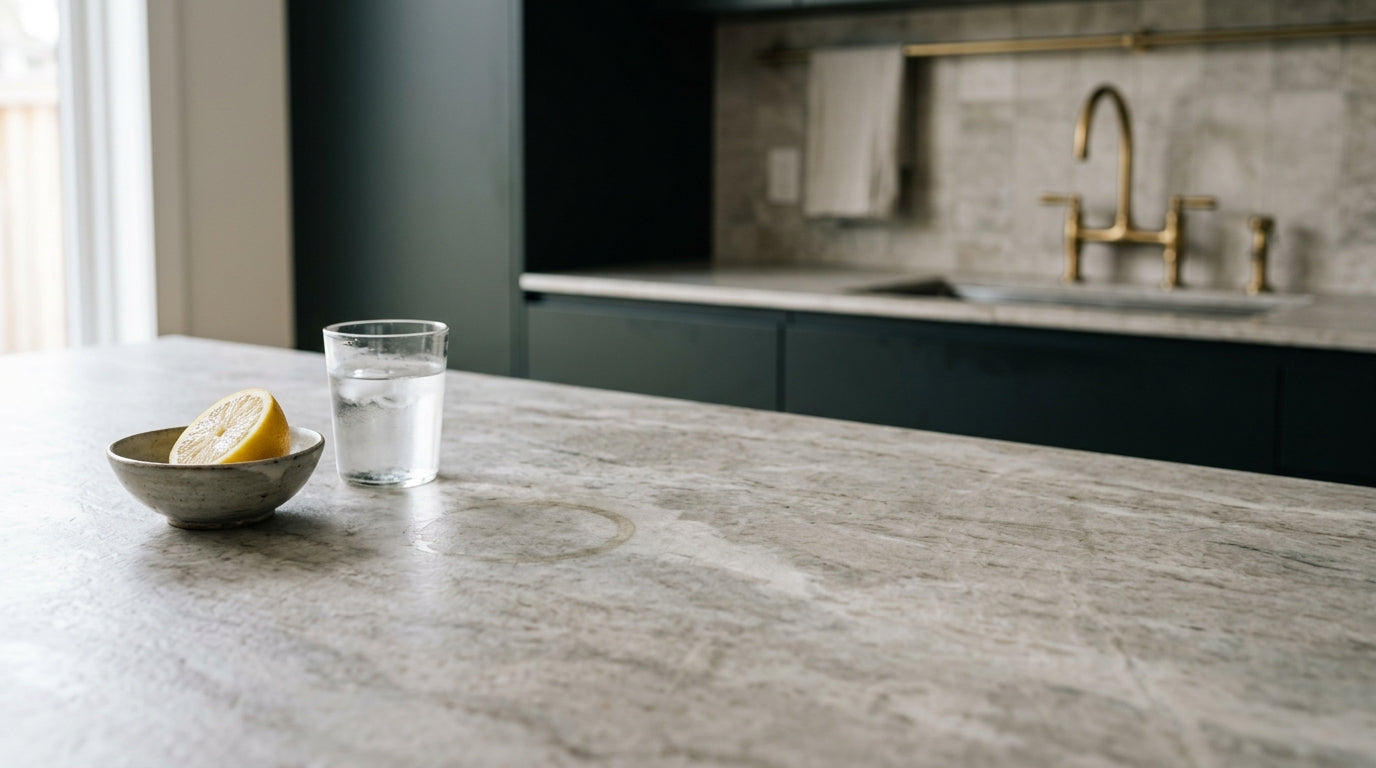 Close-up of a dull etch ring on a polished white quartzite countertop