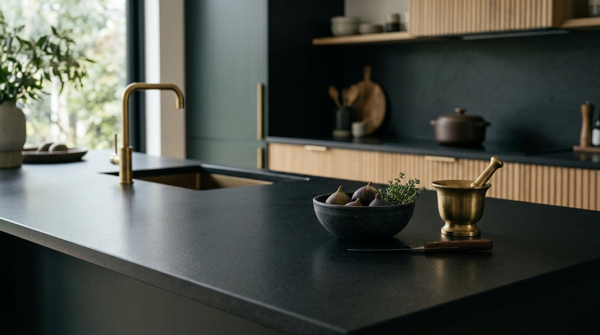 Bottle of alkaline stone cleaner set beside a honed black granite countertop with an oil stain being treated