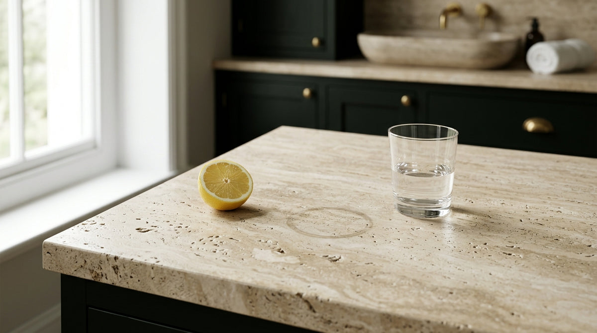 Close-up of a filled travertine bathroom vanity top showing a dull etched ring near the faucet