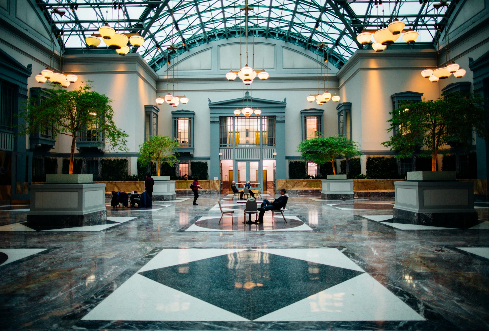 Hotel lobby with polished marble reception