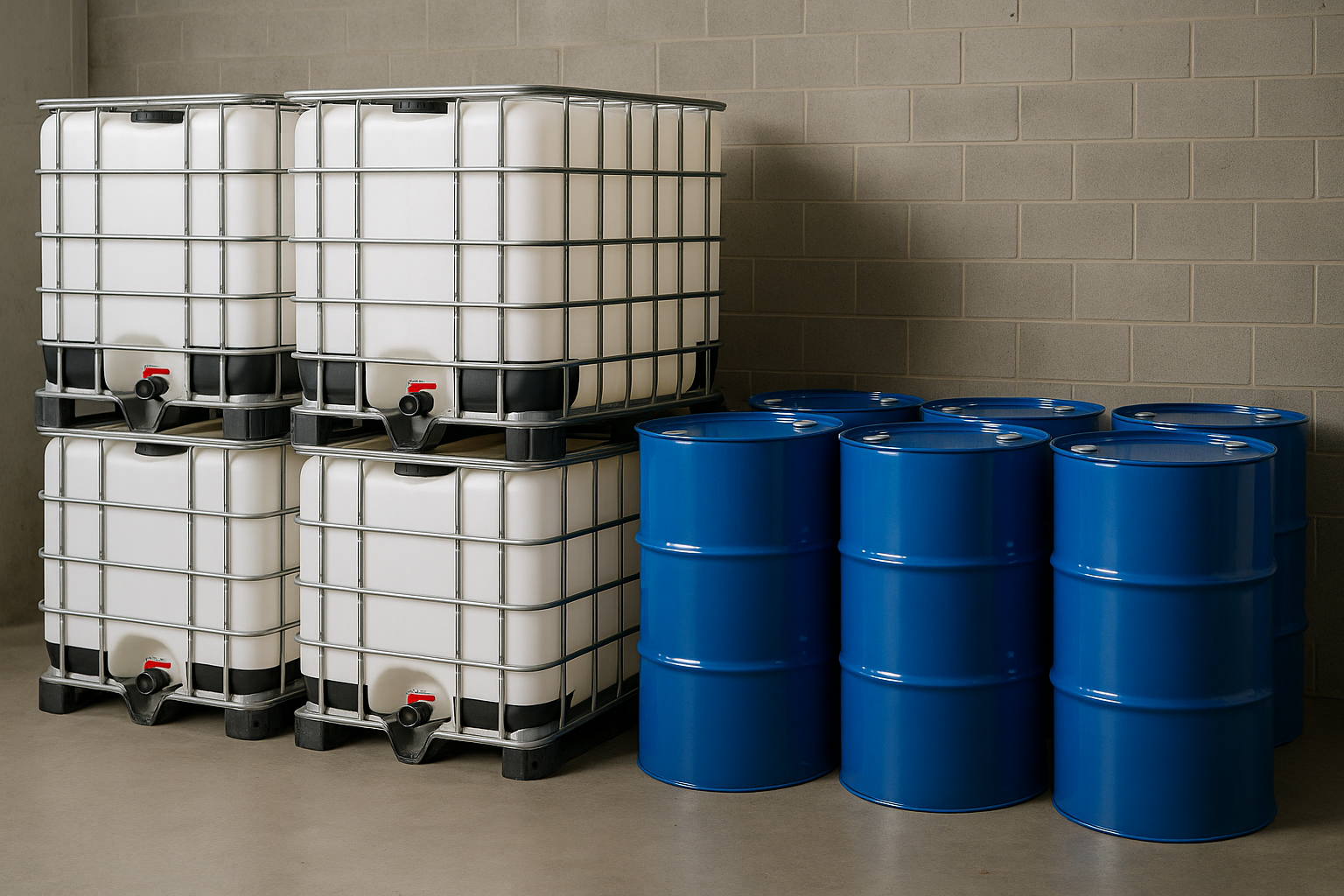 larg plastic containers and 55 gallon metal drums