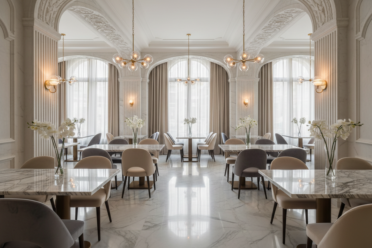 restaurant with marble floors and tablestops