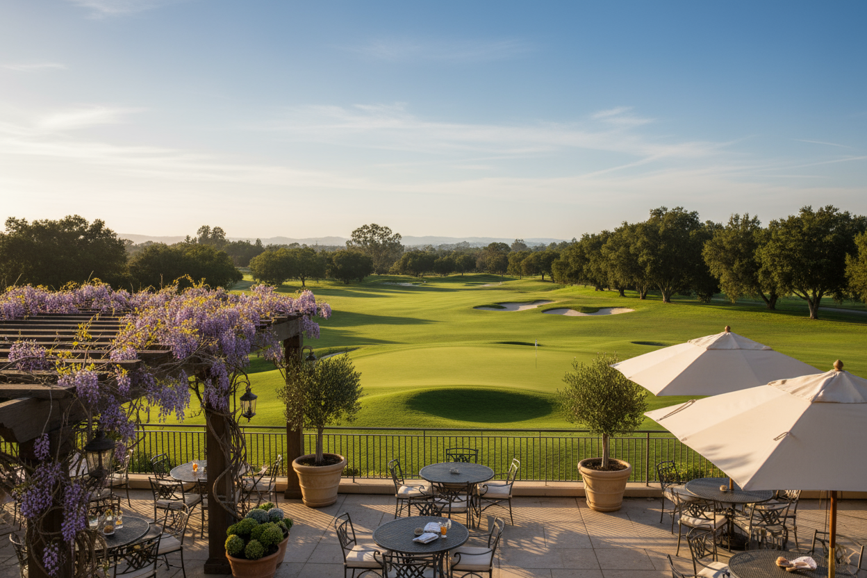 view is looking out at the golf course from the club house