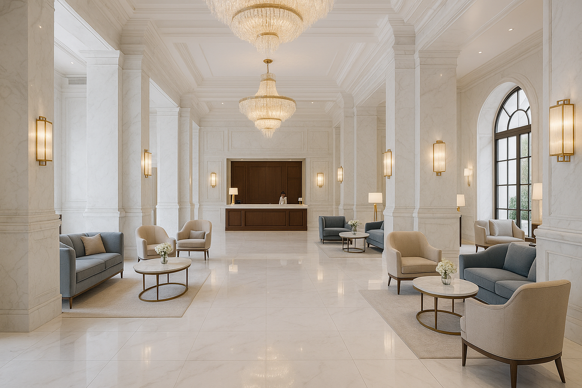 Hotel lobby at night with lit marble surfaces